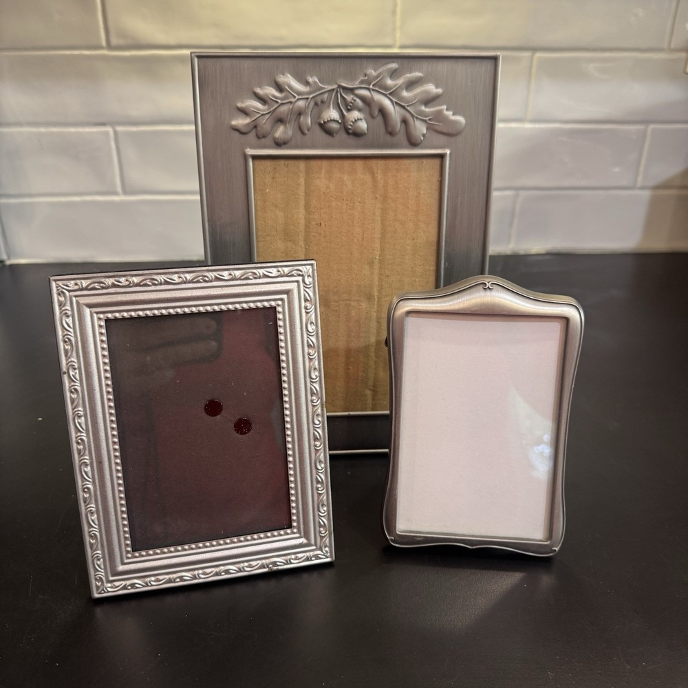 Silver Picture Frame Set 3pc Multi Size Pewter Tone Oak Leaf Beaded Scalloped